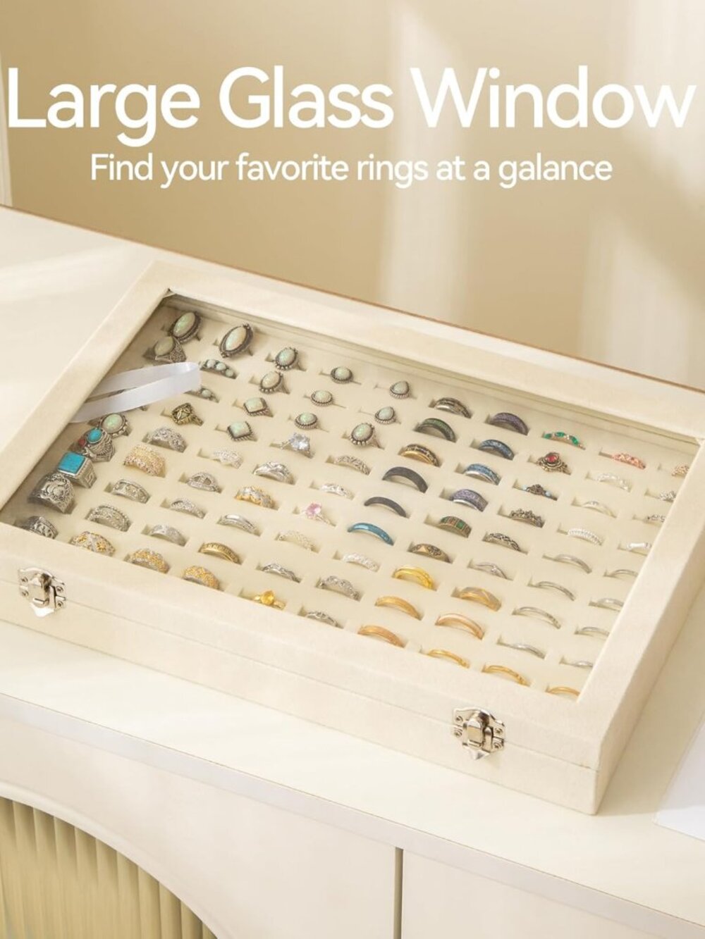 Elegant Velvet 100-Slot Ring & Earring Organizer Tray with Clear Lid - Beige - Picture 4 of 7